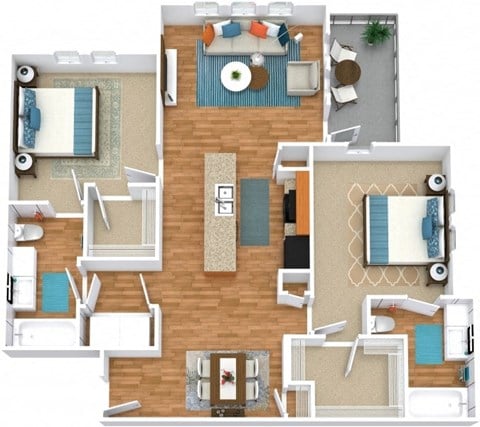 Floor plan for 2 beds, 2 baths, 1044 sqft